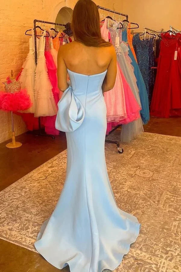 Elegant Mermaid Sweetheart Neck Strapless Bow Back Satin High-Slit Train Prom Dress