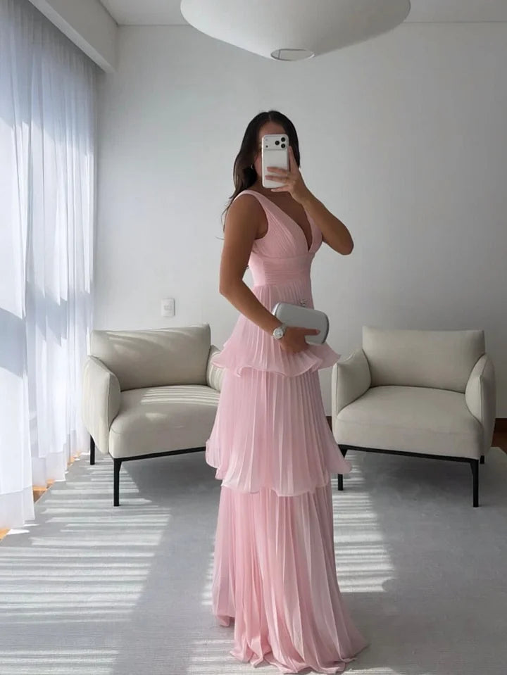 Elegant Pink Ruffles V-Neck Sleeveless Pleated Long Prom Dress