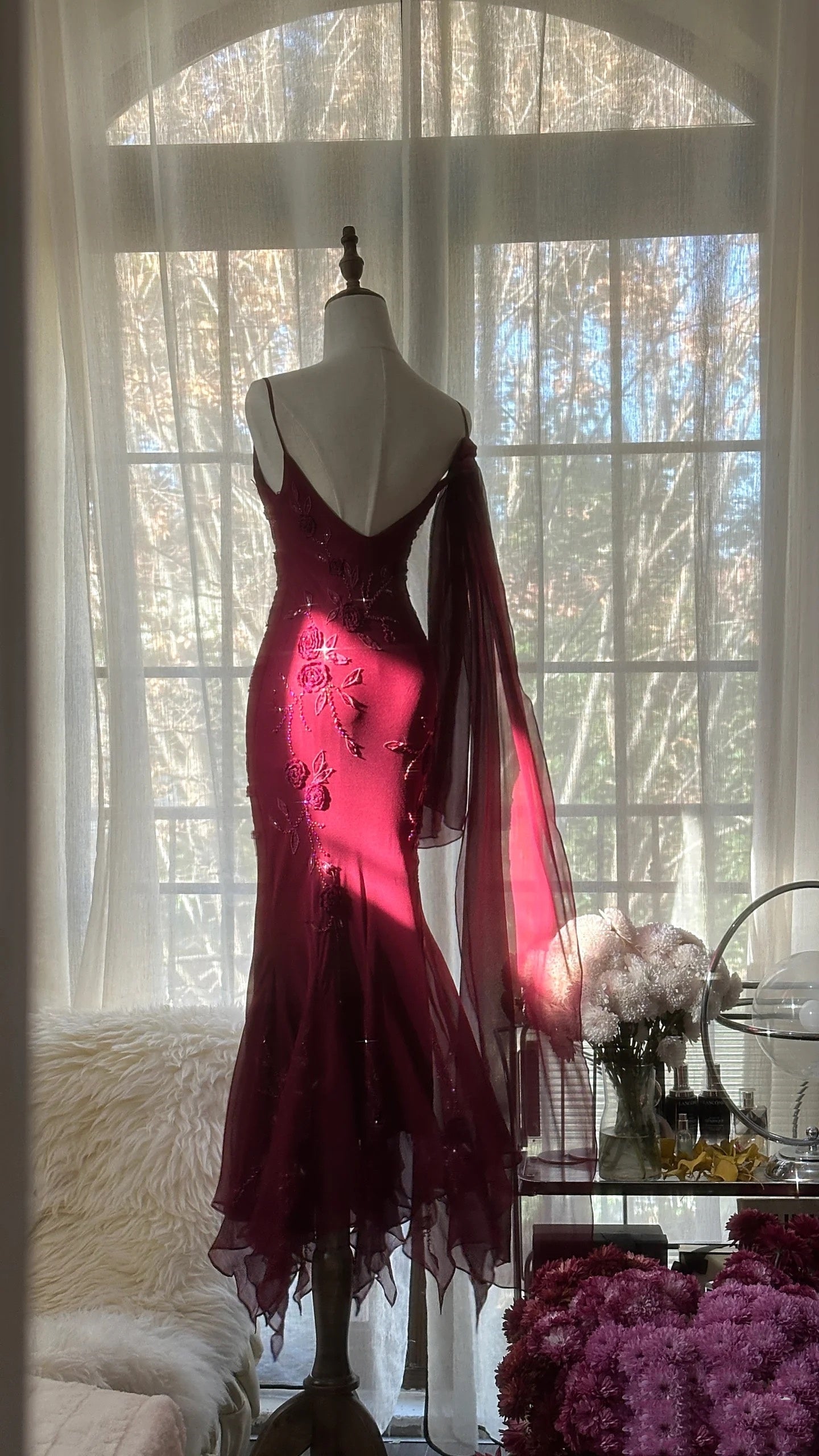 Elegant Mermaid Spaghetti Straps Burgundy Chiffon Prom Dresses Inspiration Trending Evening Gowns Formal Party Prom Dress B374