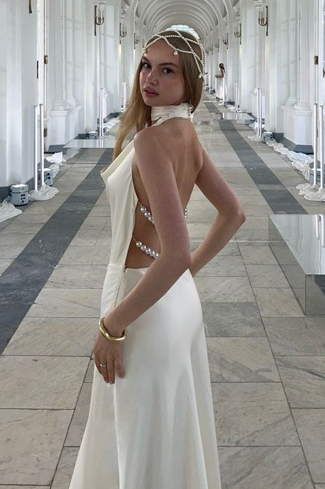 Fashionable Mermaid Halter Neck White Long Party Dress with Pearls Back