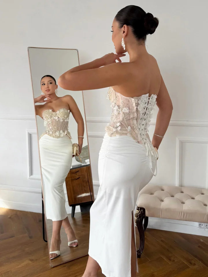 Fashionable White Sweetheart Strapless Sequins Tea Length Prom Dress