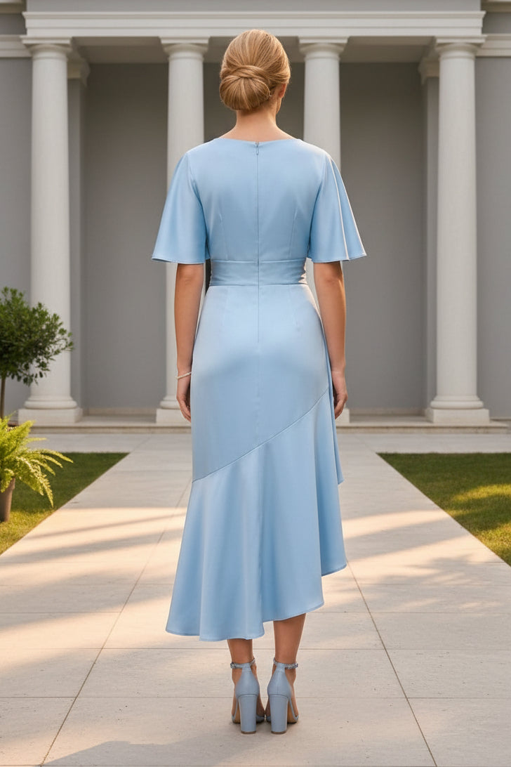A-Line V Neck Half Sleeve Formal Dresses with Ruffles