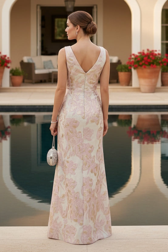 Mermaid V Neck Sleeveless Side Slit Formal Dresses with Ruffles