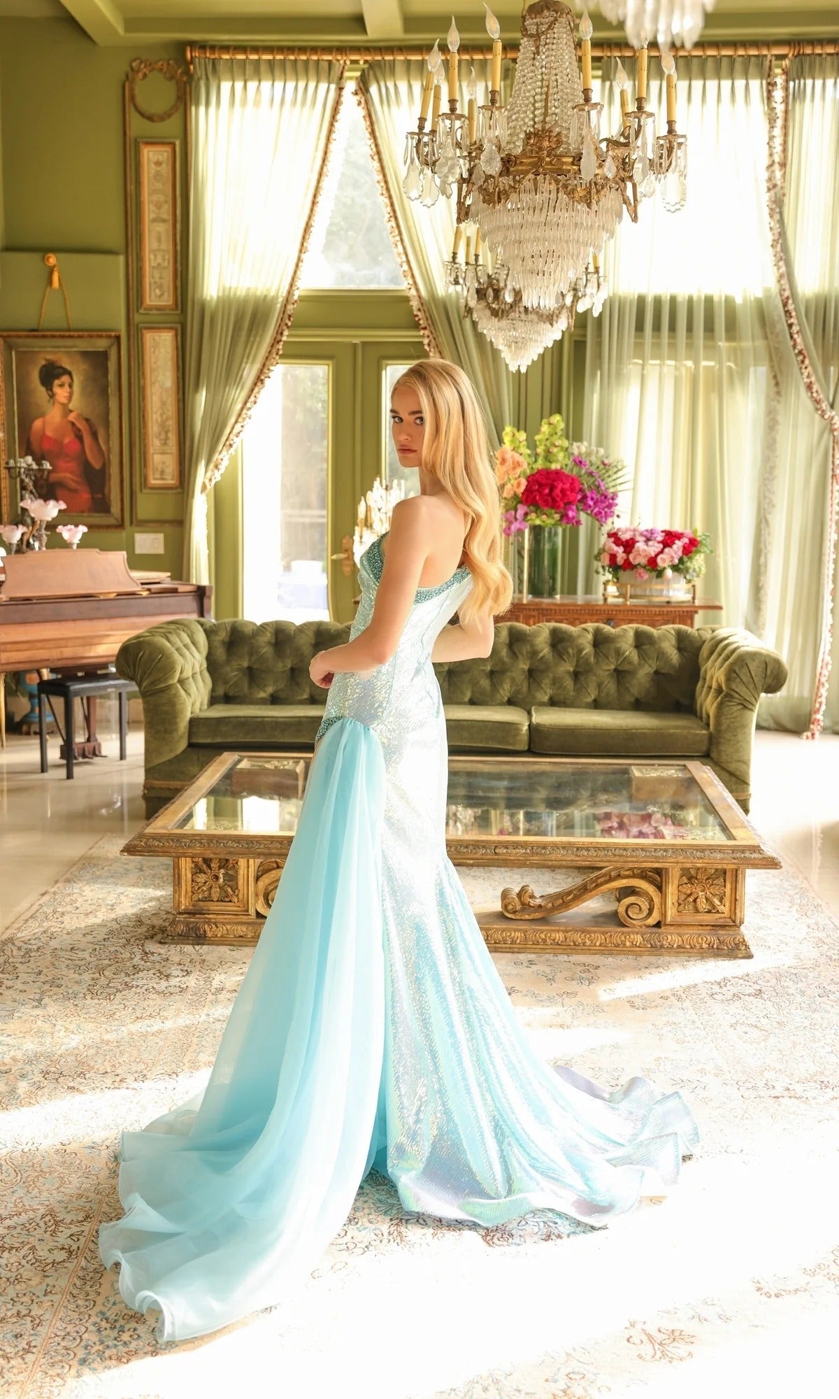 Glamorous Sequin Evening Dresses with One Shoulder Beaded Trim and Chiffon Overlay