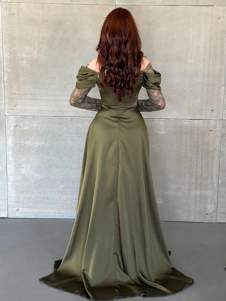 Green Off-The-Shoulder Lace Long Sleeves Split A-Line Evening Dress