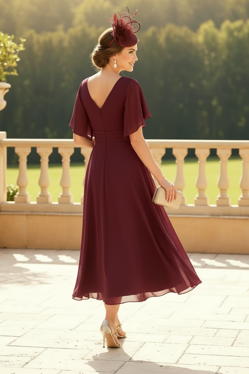 A-Line V-Neck Short Sleeves Tea-Length Chiffon Mother Of The Bride Dresses