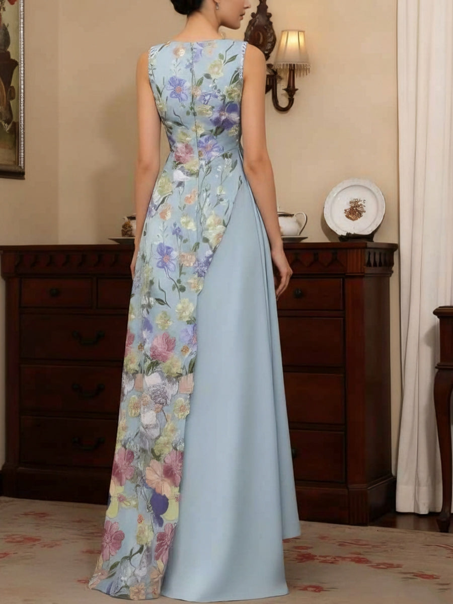 V-Neck Stretch Satin Mother of the Bride Dresses Floral Lace Floor-Length Sleeveless Ruffles