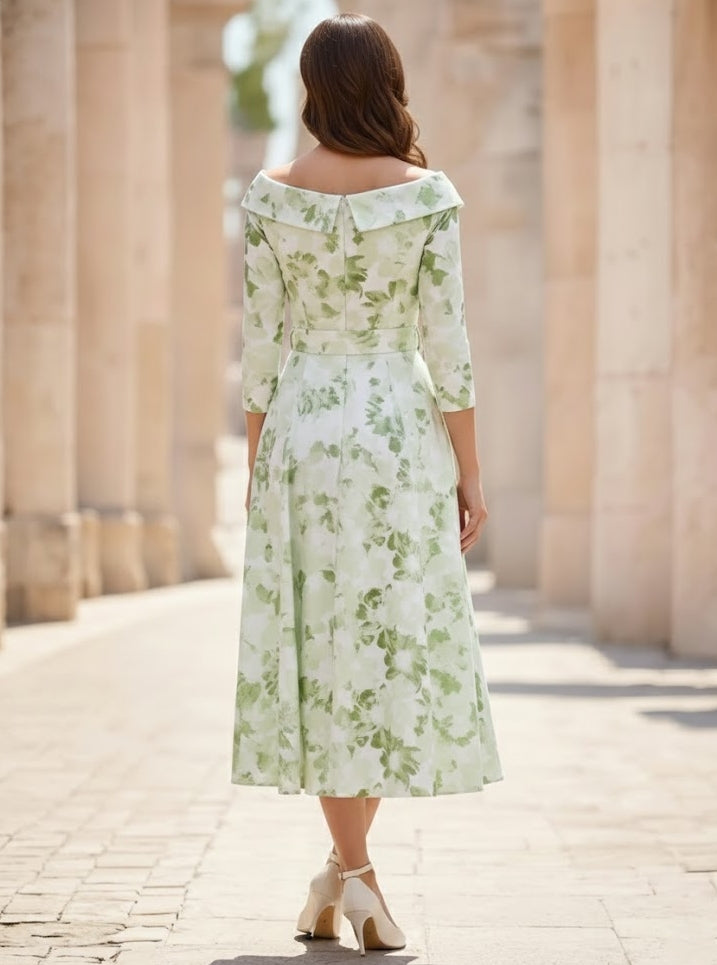 Off-the-Shoulder Printed Satin Mother of the Bride Dresses 3/4 Sleeves Floral Tea-Length