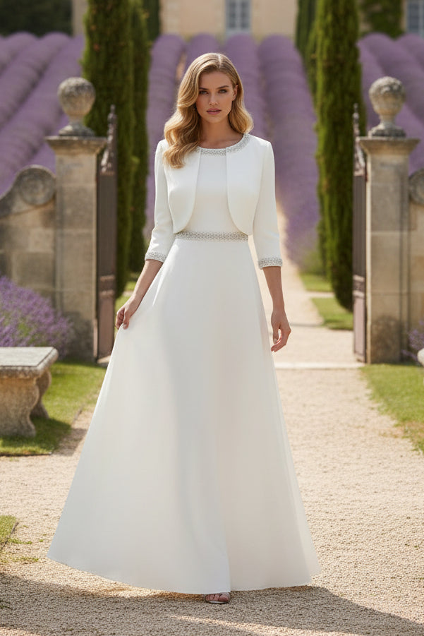 Scoop Satin 2 Pieces Mother of the Bride Dresses with Jacket Ankle-Length 3/4 Sleeves Beading