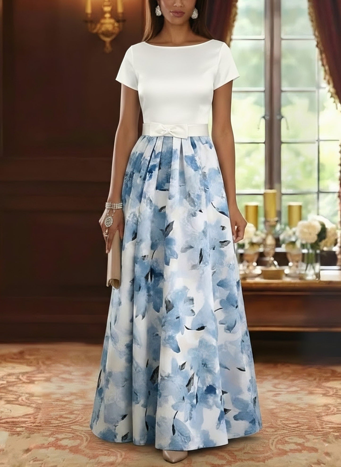 Boat Neck Satin Mother of the Bride Dresses Floral Floor-Length Short Sleeves Bowknot