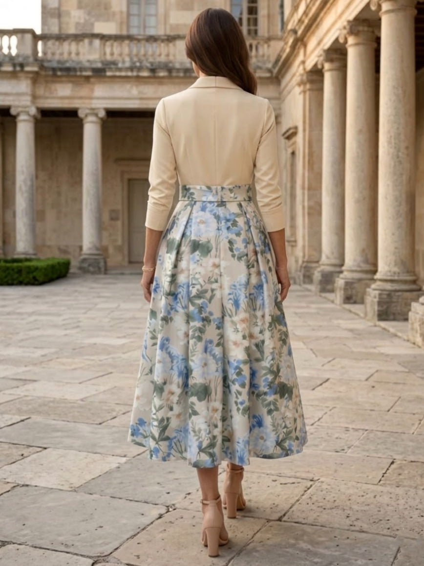 V-Neck Mother of the Bride Dresses Printed Satin 3/4 Sleeves Floral Tea-Length