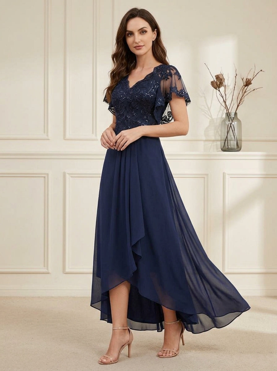 V-Neck Chiffon Mother of the Bride Dresses Asymmetrical Ankle-Length Lace Sequins Short Sleeves