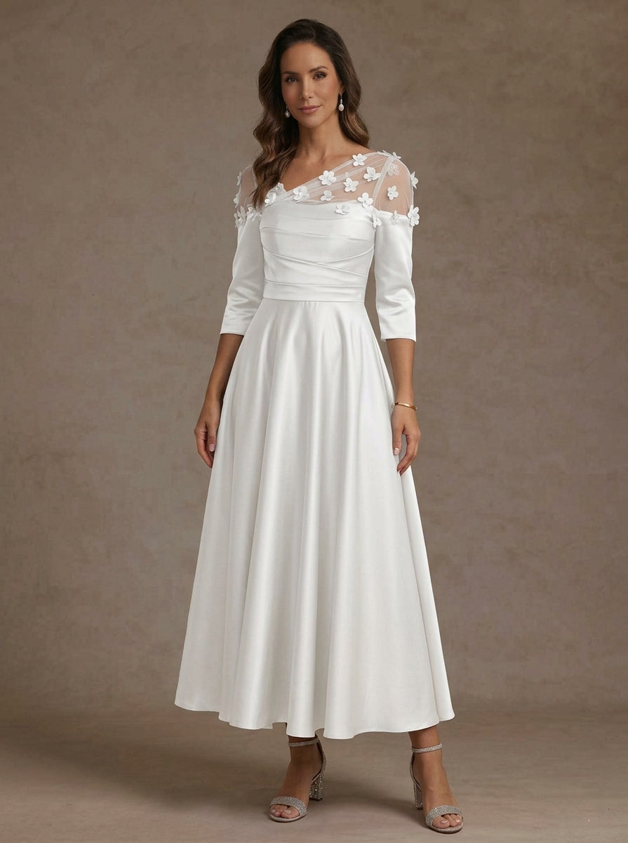V-Neck Acetate Satin Mother of the Bride Dresses 3/4 Sleeves Floral Tea-Length 3D Flower