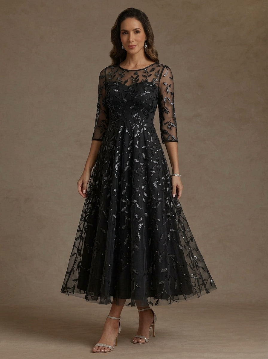 Scoop Lace Sequins Mother of the Bride Dresses 3/4 Sleeves Floral Tea-Length