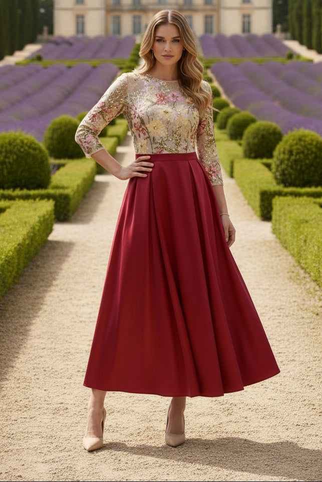 Scoop Satin Mother of the Bride Dresses 3/4 Sleeves Sequins Floral Ankle-Length