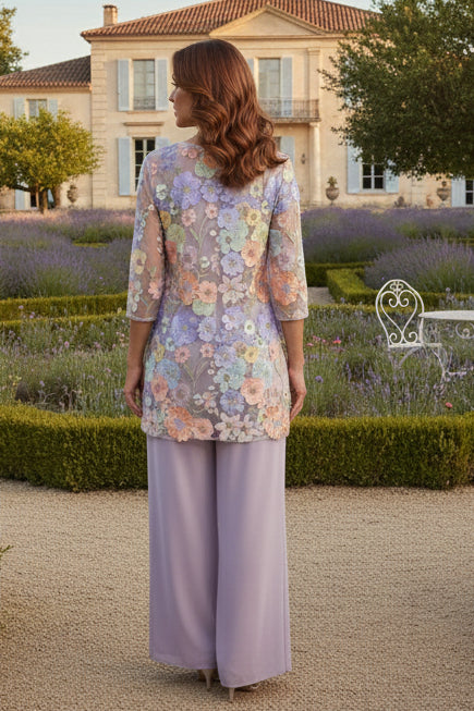 3 Pieces Suit Scoop Chiffon Mother of the Bride Pantsuits Half Sleeves Lace Floral Ankle-Length