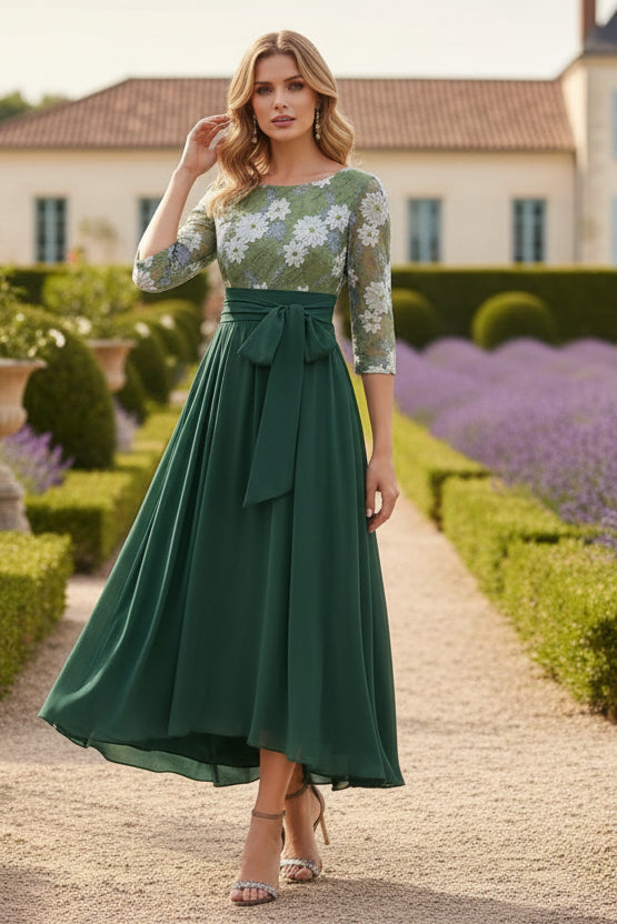 Scoop Chiffon Mother of the Bride Dresses 3/4 Sleeves Lace Floral Tea-Length With Pleated Bowknot