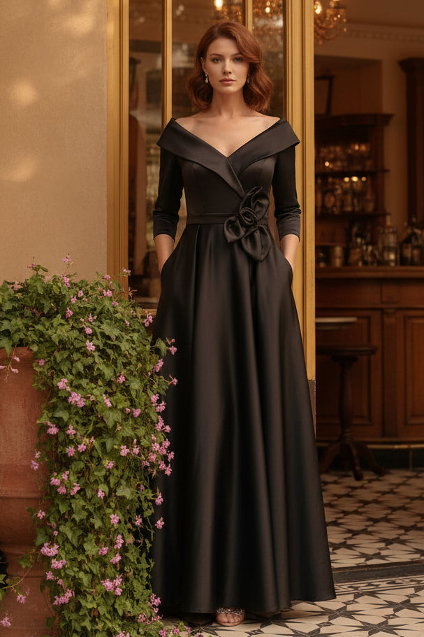Off-the-Shoulder Satin Mother of the Bride Dresses 3/4 Sleeves Ankle-Length 3D Flower