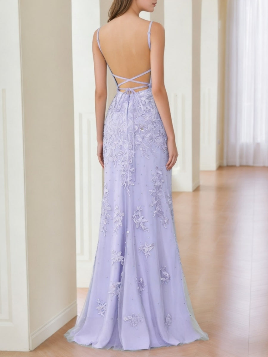 V-Neck Lace Prom Dresses Sleeveless Floor-Length Formal Dresses Spaghetti Straps