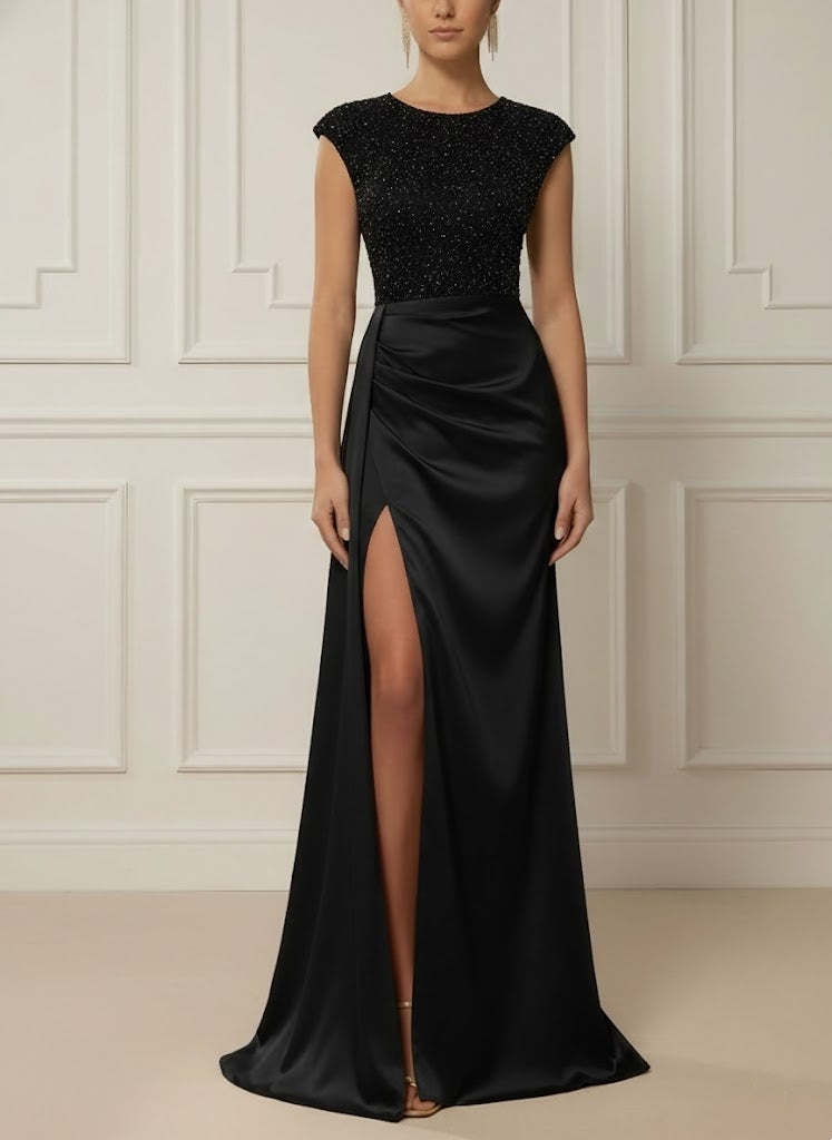 Scoop Satin Evening Dresses with Split Side Sleeveless Sequins Floor-Length Party Dresses