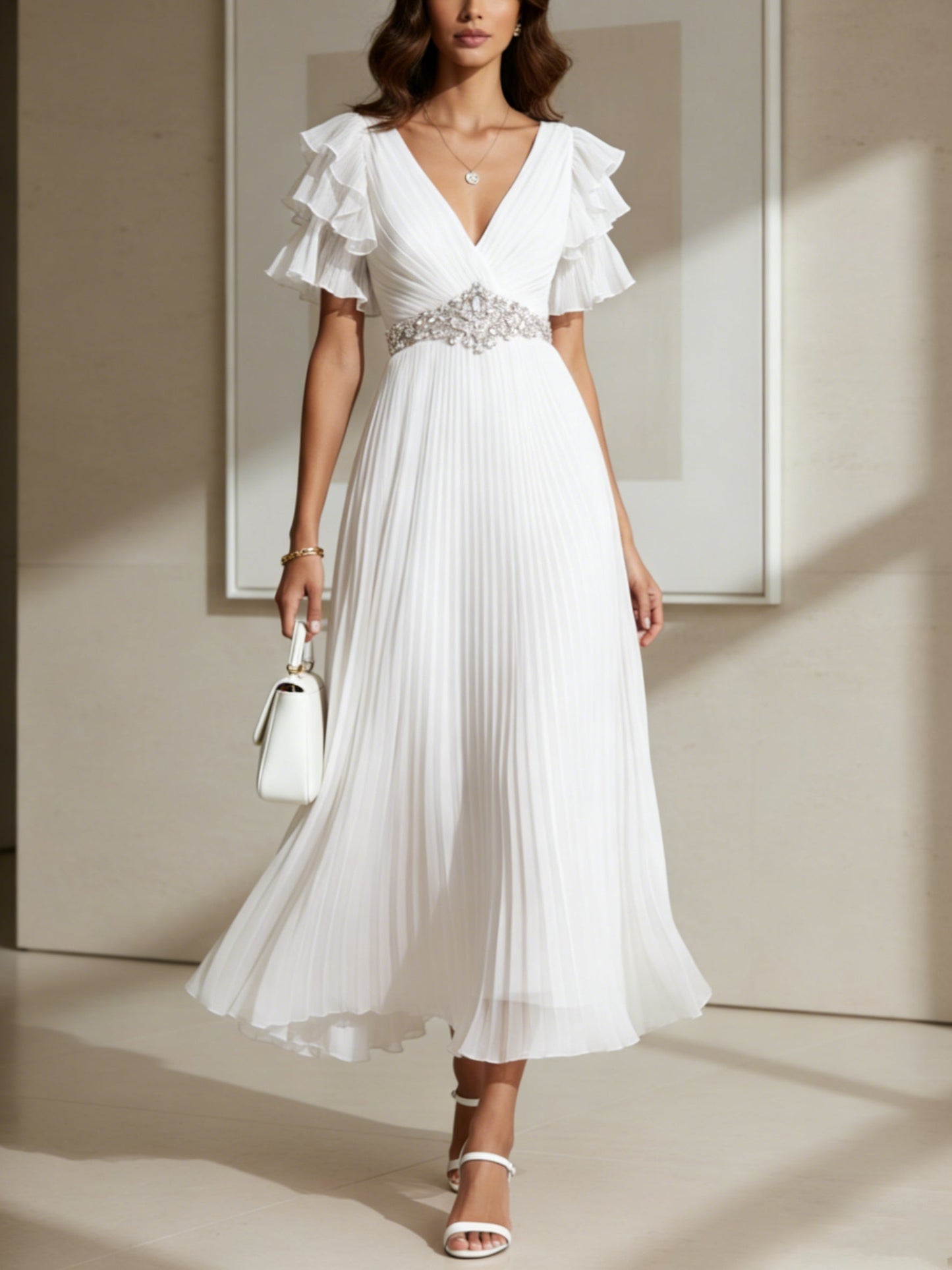 V-Neck Chiffon Cocktail Dresses with Sash Tea-Length Short Sleeves Ruffle Sleeves Formal Dresses