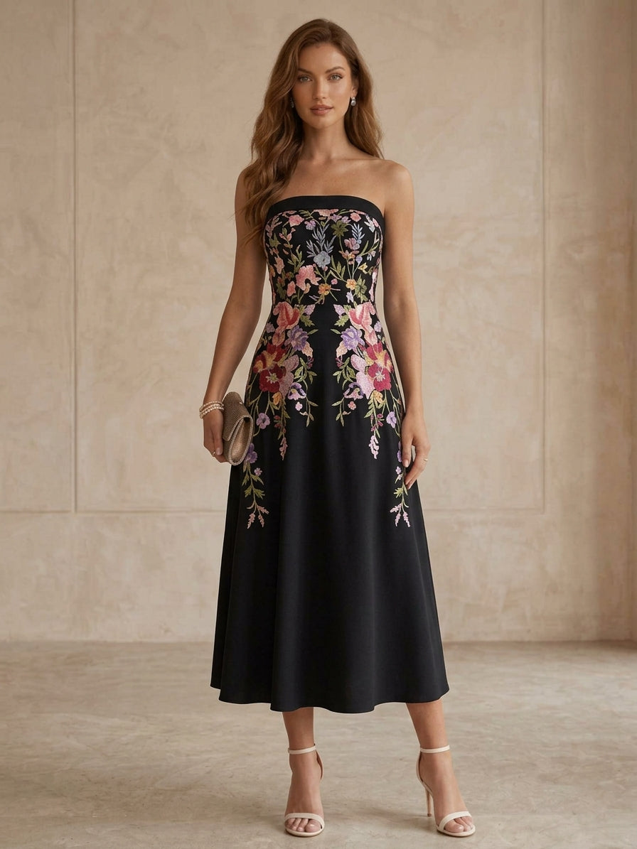 Strapless Satin Cocktail Dresses Little White Dresses Tea-Length Sleeveless Floral Graduation Dress