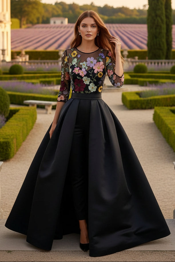 Jumpsuit Scoop Satin Evening Dresses with Overskirt Lace Floral 3/4 Sleeves Bowknot Ankle-Length Party Dresses