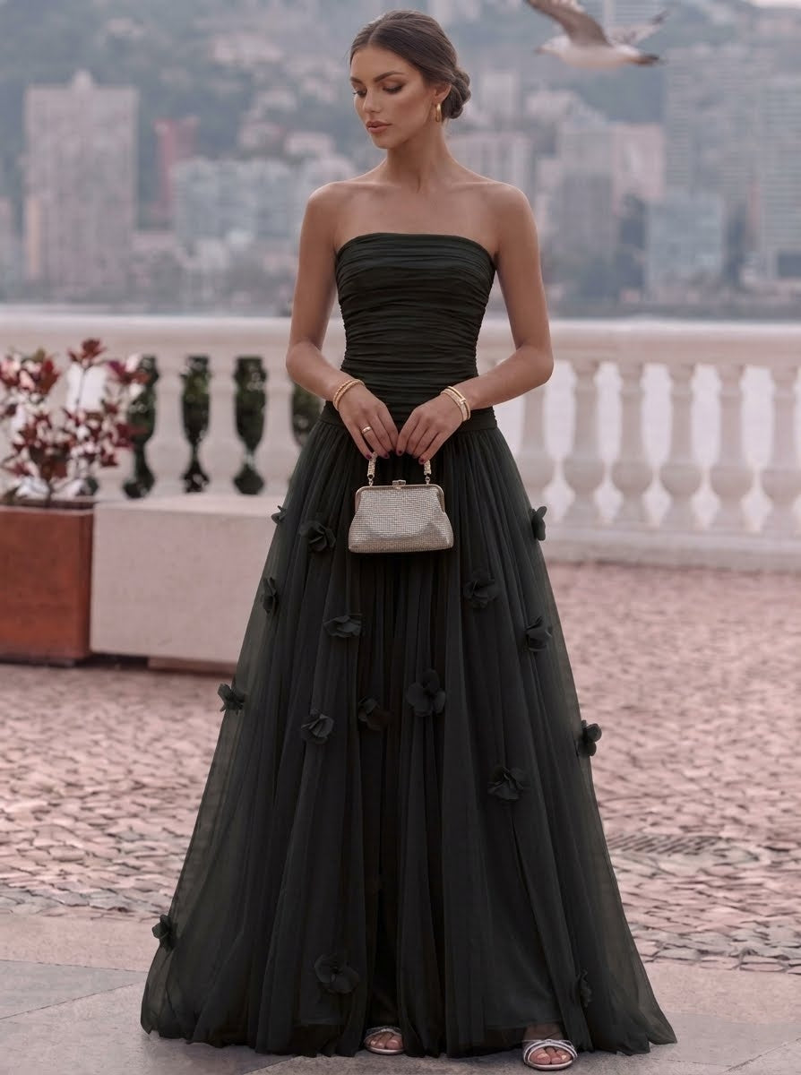 Strapless Tulle Evening Dresses with 3D Flowers Sleeveless Floral Floor-Length Party Dresses