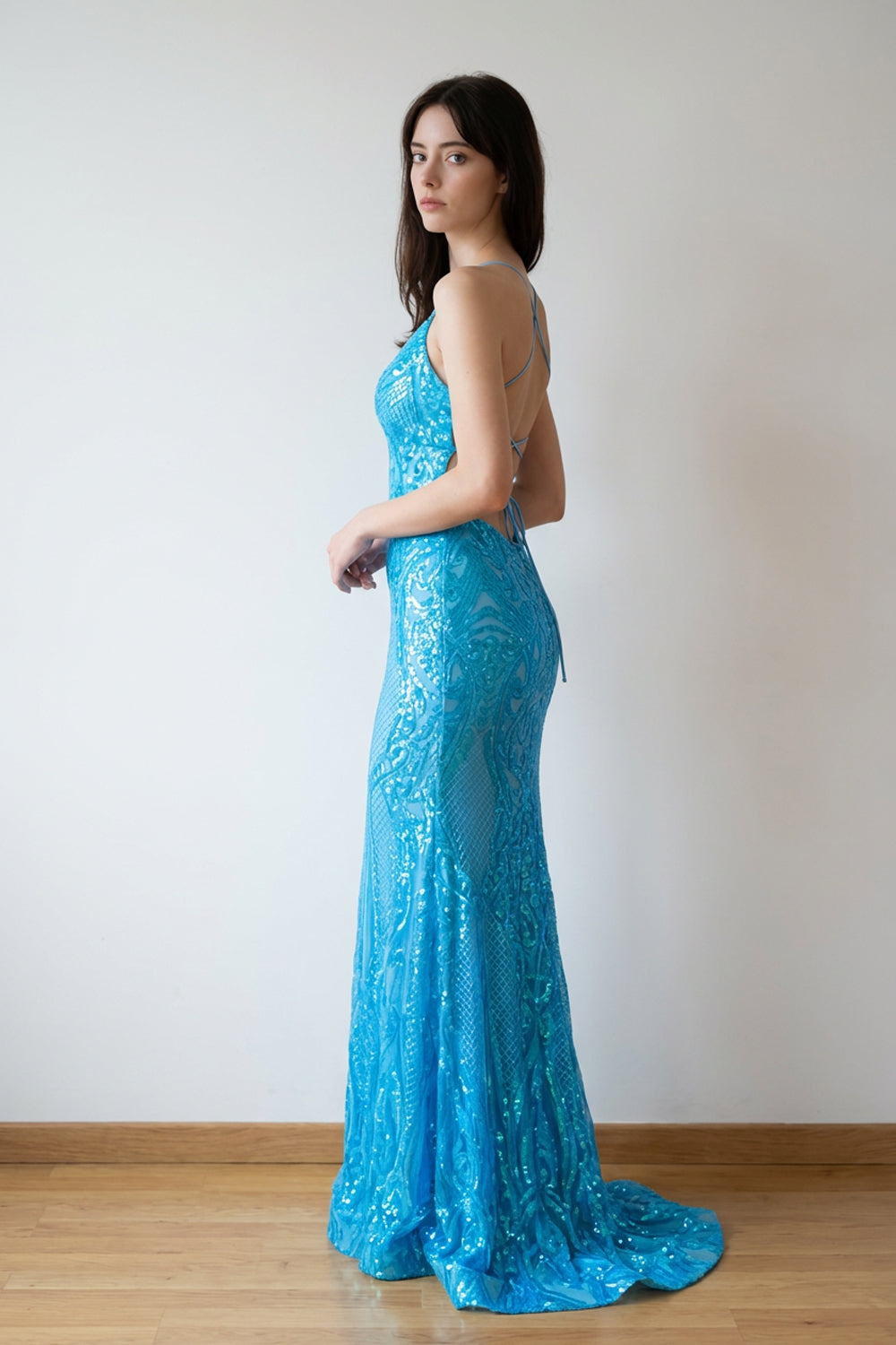 Mermaid Spaghetti Straps V Neck Lace Pink Prom Dress Formal Gown