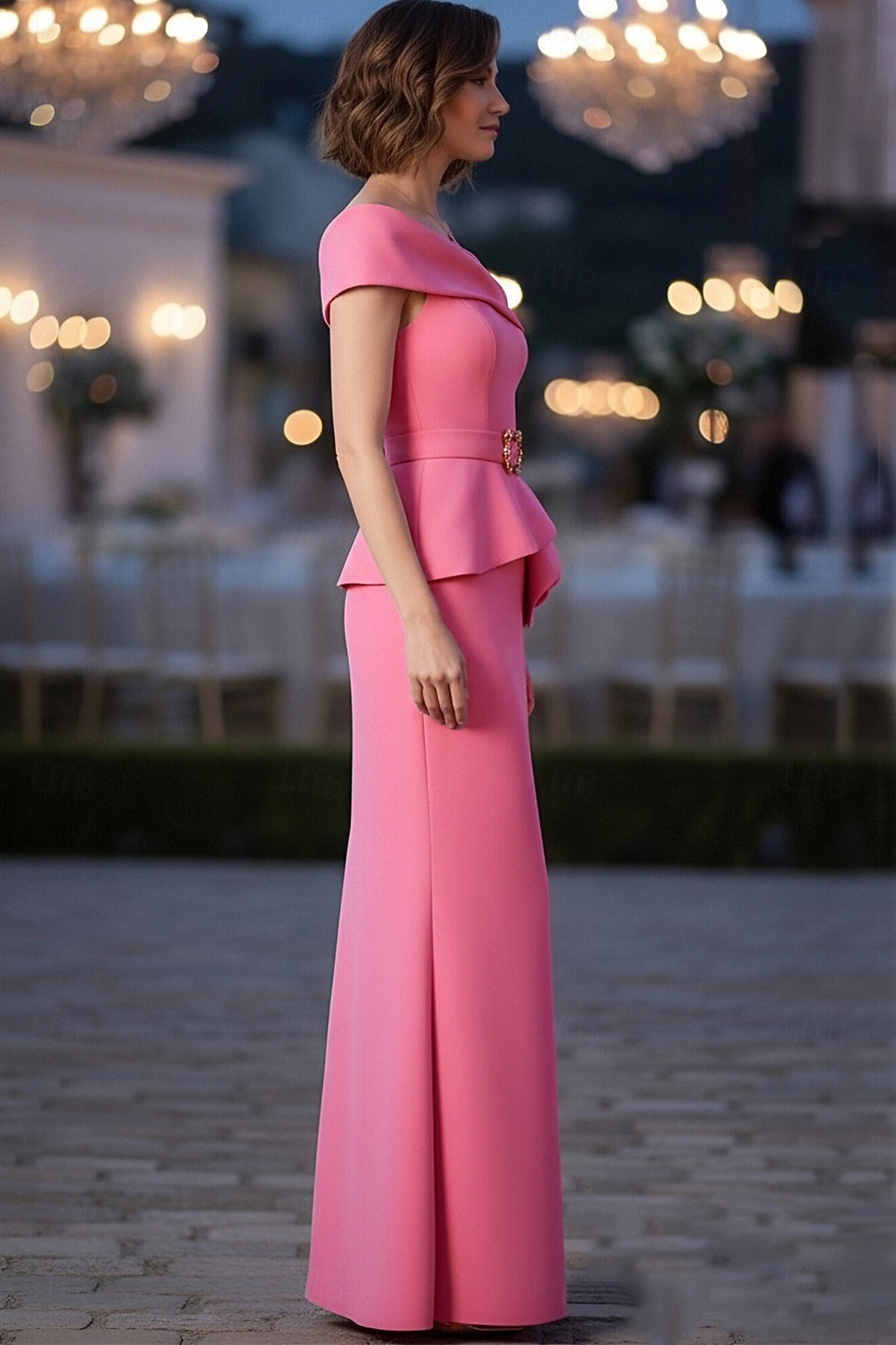Off the Shoulder Pink Sleeveless Belt Mermaid Evening Dress
