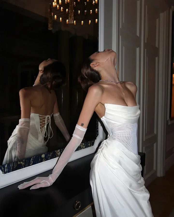 White Straight Across Mermaid Prom Dress With Tulle Gloves