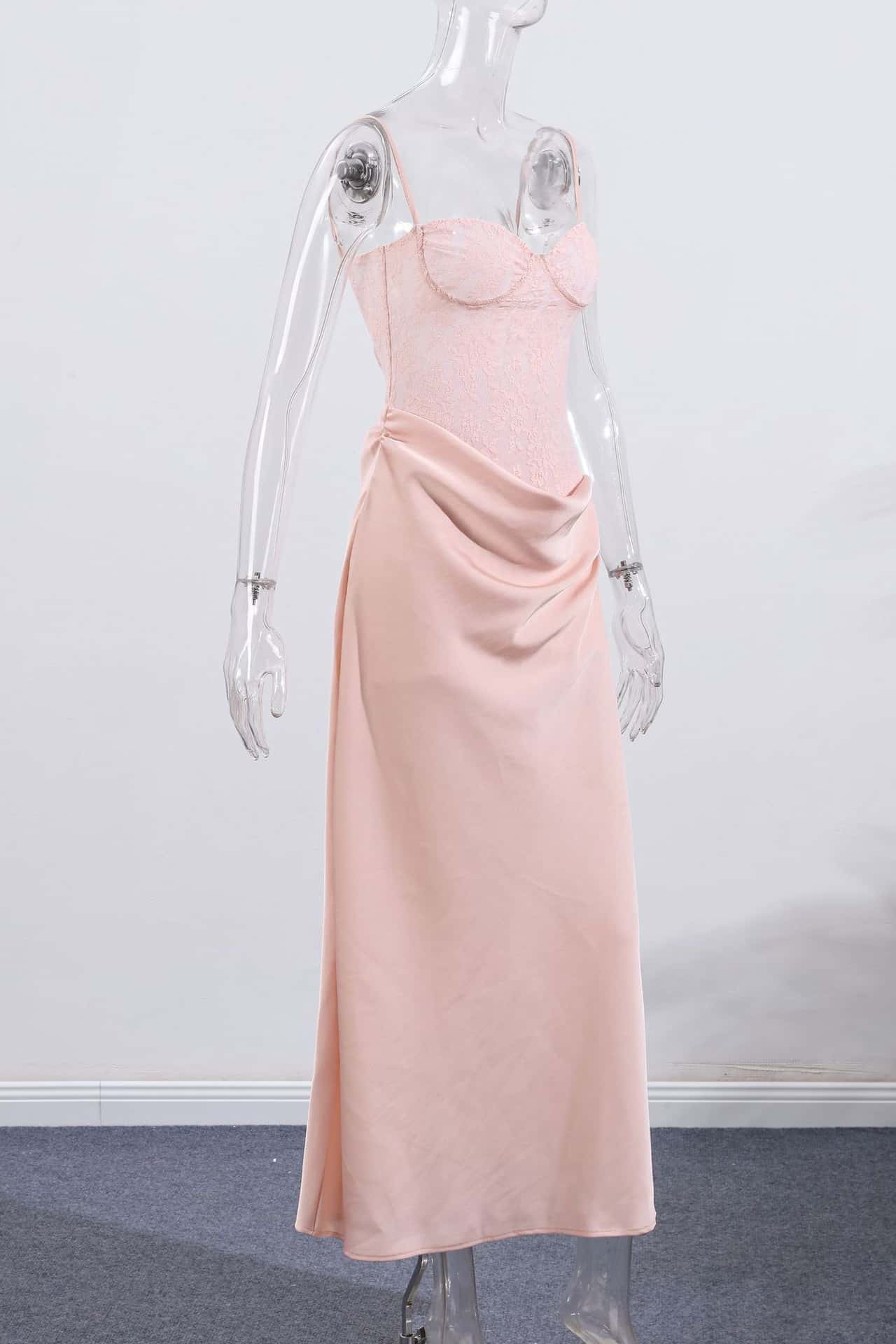 Straps Pink Lace and Satin Slit Long Dress