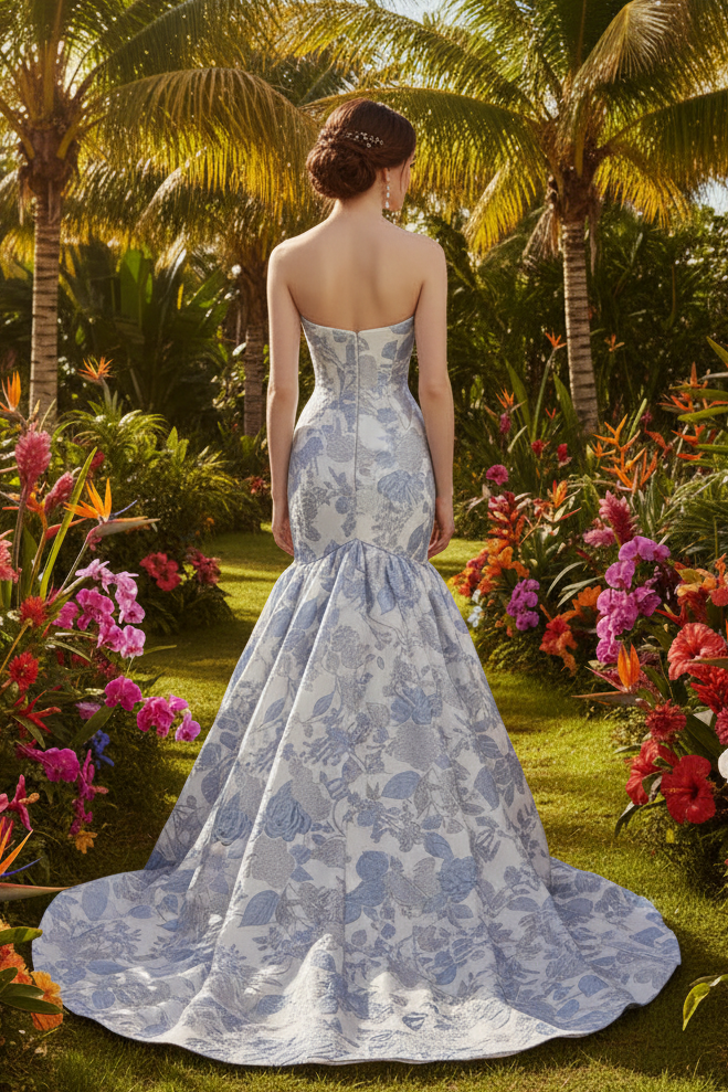 Bow Sweetheart Front Blue Flowers Mermaid Prom Dress