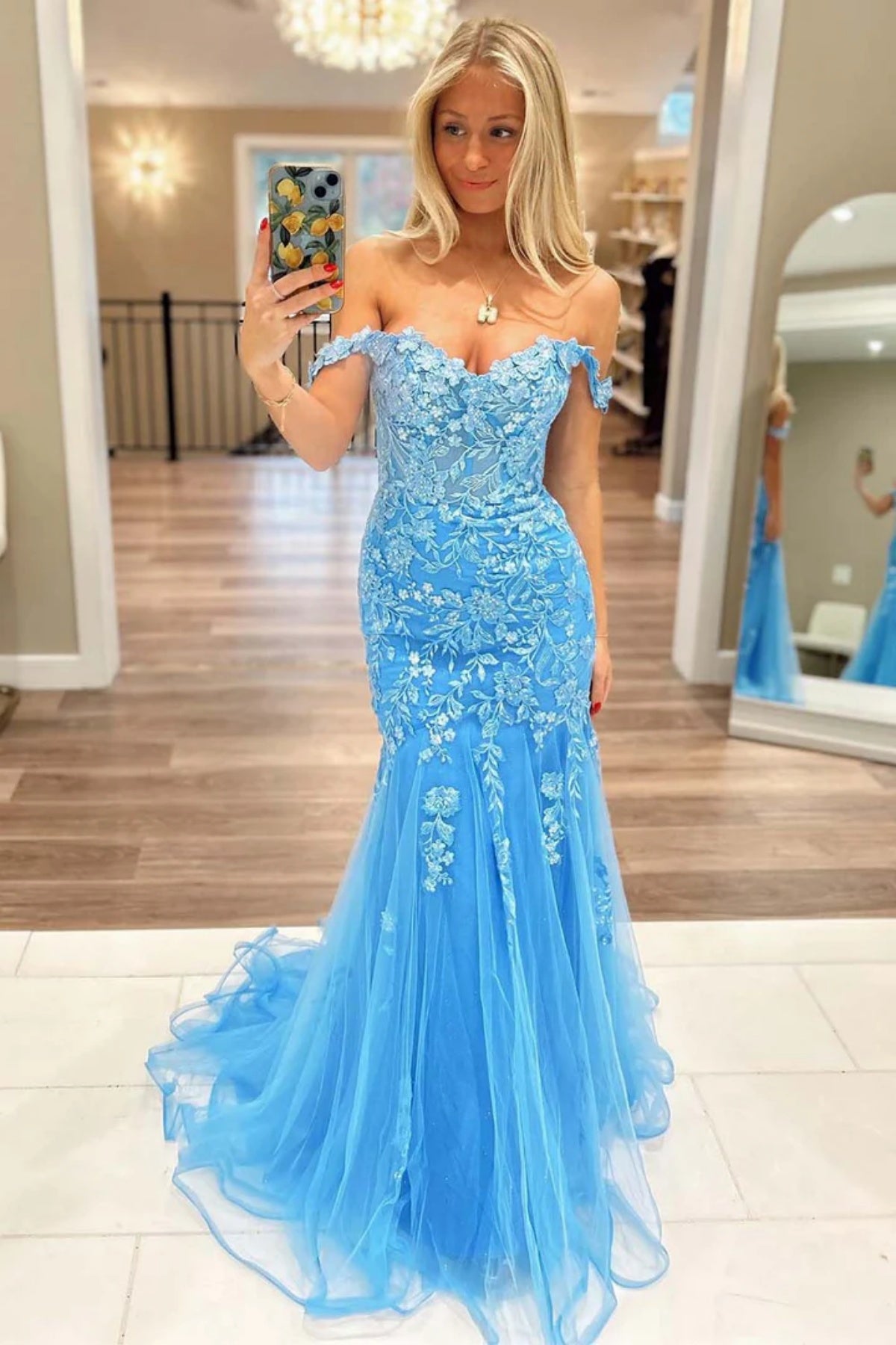 Off the Shoulder Blue Lace Mermaid Long Prom Dresses Blue Lace Appliques Mermaid