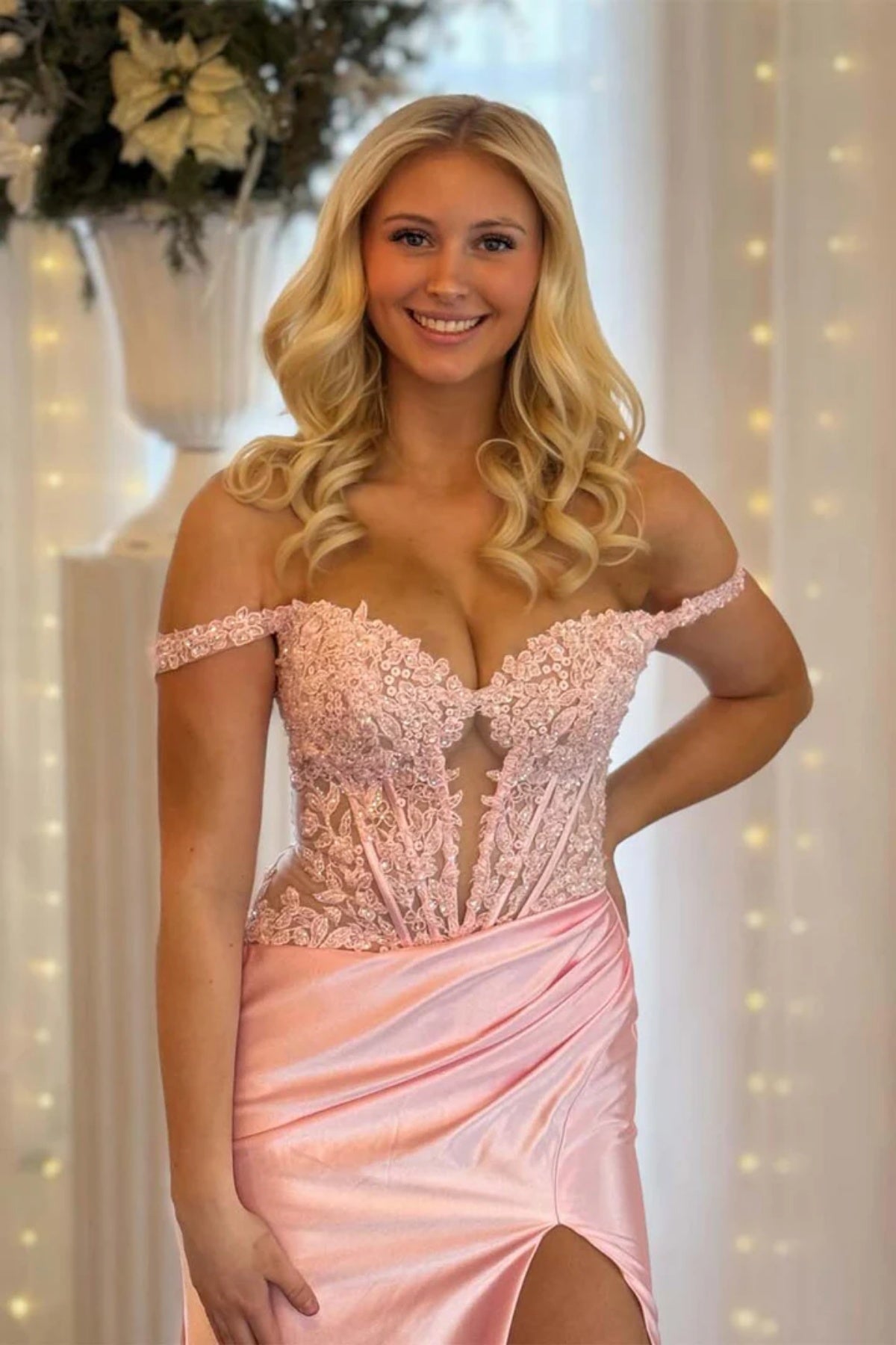 Off the Shoulder Light Pink Mermaid Lace Prom Dresses Light Pink Mermaid Lace