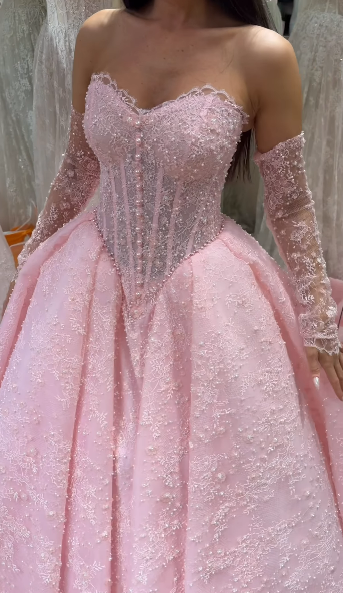 Pink Sweetheart Long Sleeve Lace A-Line Floor-Length Wedding Dress