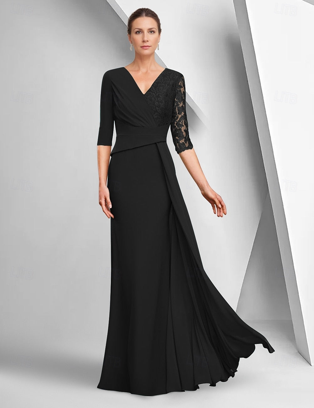 V-Neck 3/4 Sleeve Lace Mermaid Formal Wmen Evening Dress