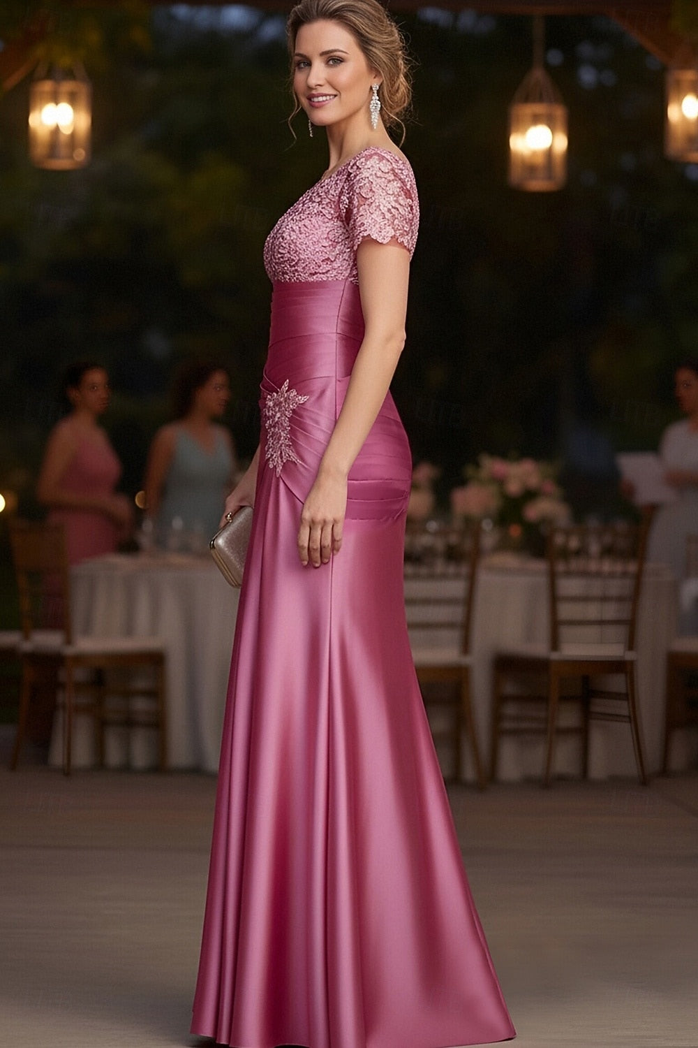 V-Neck Applique Half Sleeve Mermaid Women Evening Dress