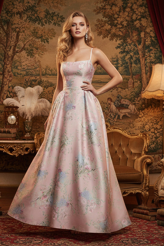 Spaghetti Straps Pink Sleeveless Floral Print A-Line Prom Dress