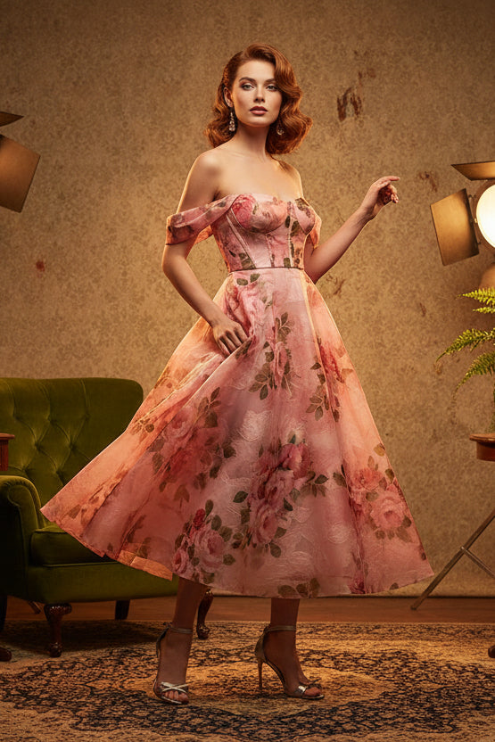 Off the Shoulder Sleeveless Flowers Floral Print A-Line Prom Dress