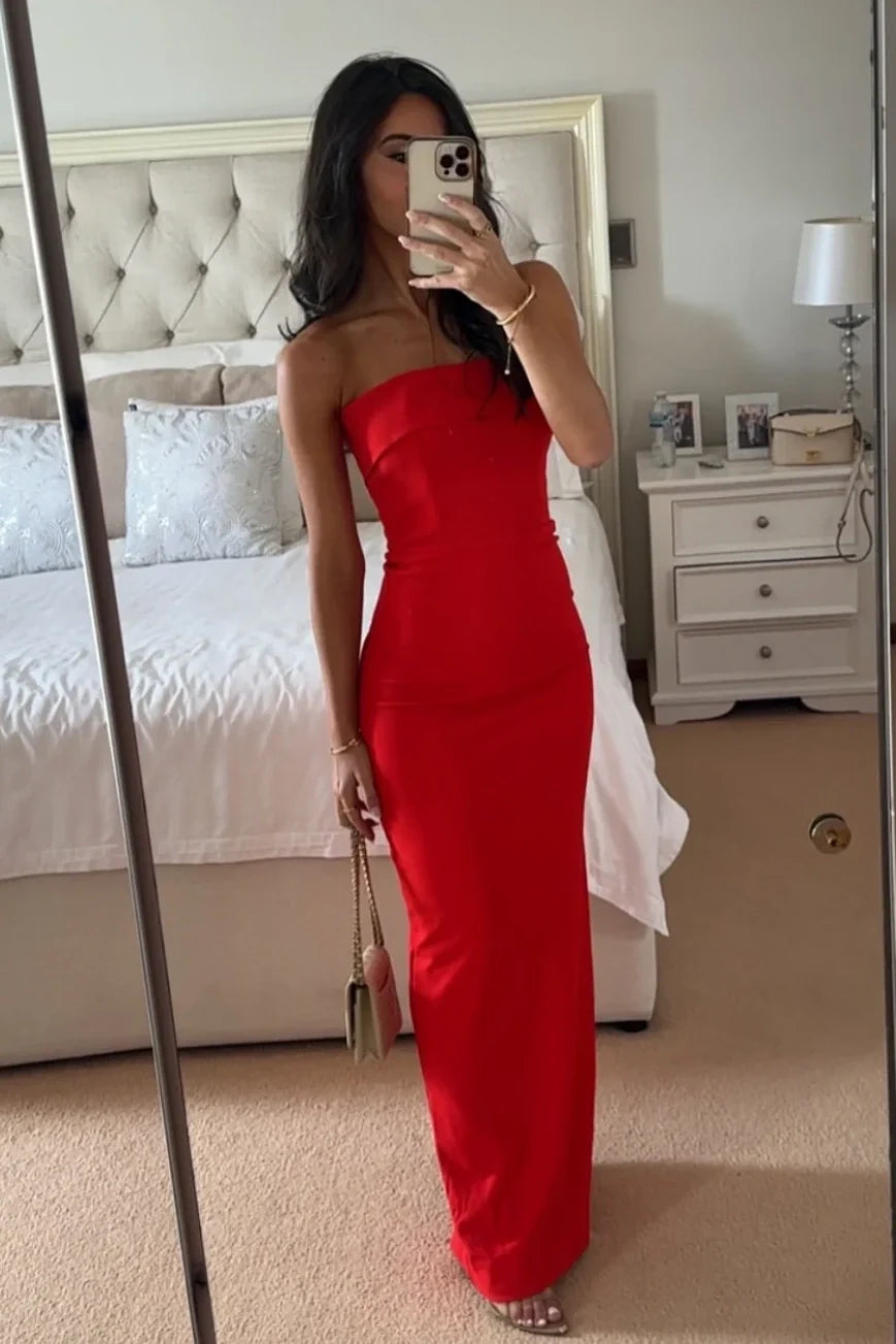 Simple Sheath Strapless Red Long Party Dress with Slit Back