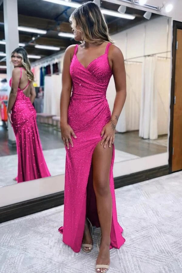 Sparkly Dark Red V Neck Sequins Long Prom Dress with Slit