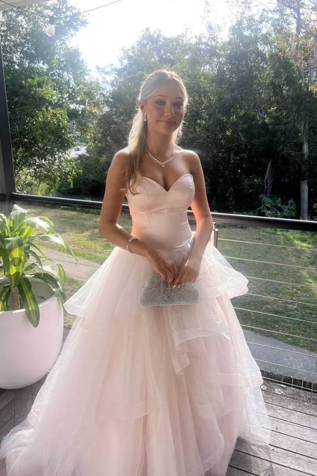 light pink tiered dress Strapless Ruffle A-line Long – VOAND Step into your effortlessly Size:Large (Fits size US 10-12/UK 14-16) vestidos quinceañeras Brown Maxi Dresses -