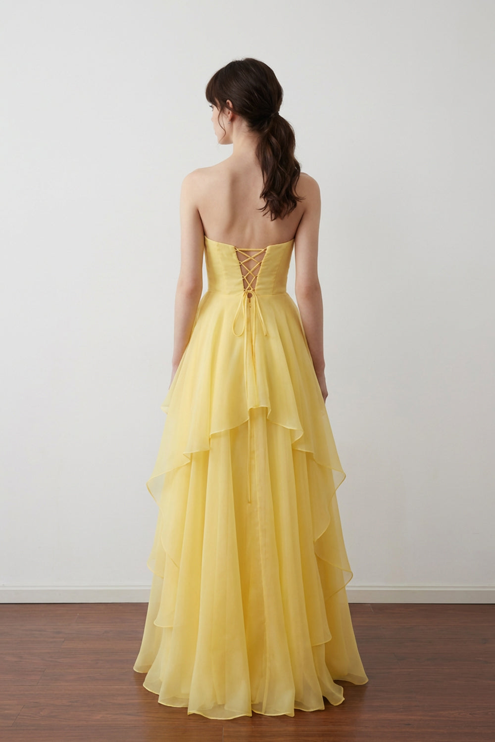 Strapless Tulle Pleated Layered Yellow Prom Dress With Split