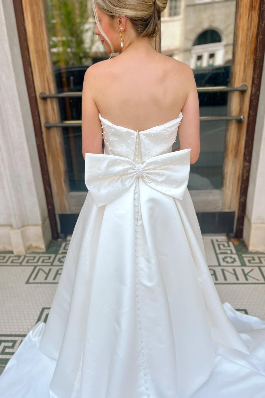 Strapless White A-line Wedding Dress with Pearls