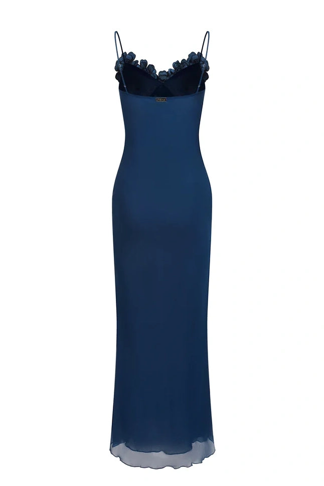 Spaghetti Straps Navy Blue Long Party Dress with Flowers