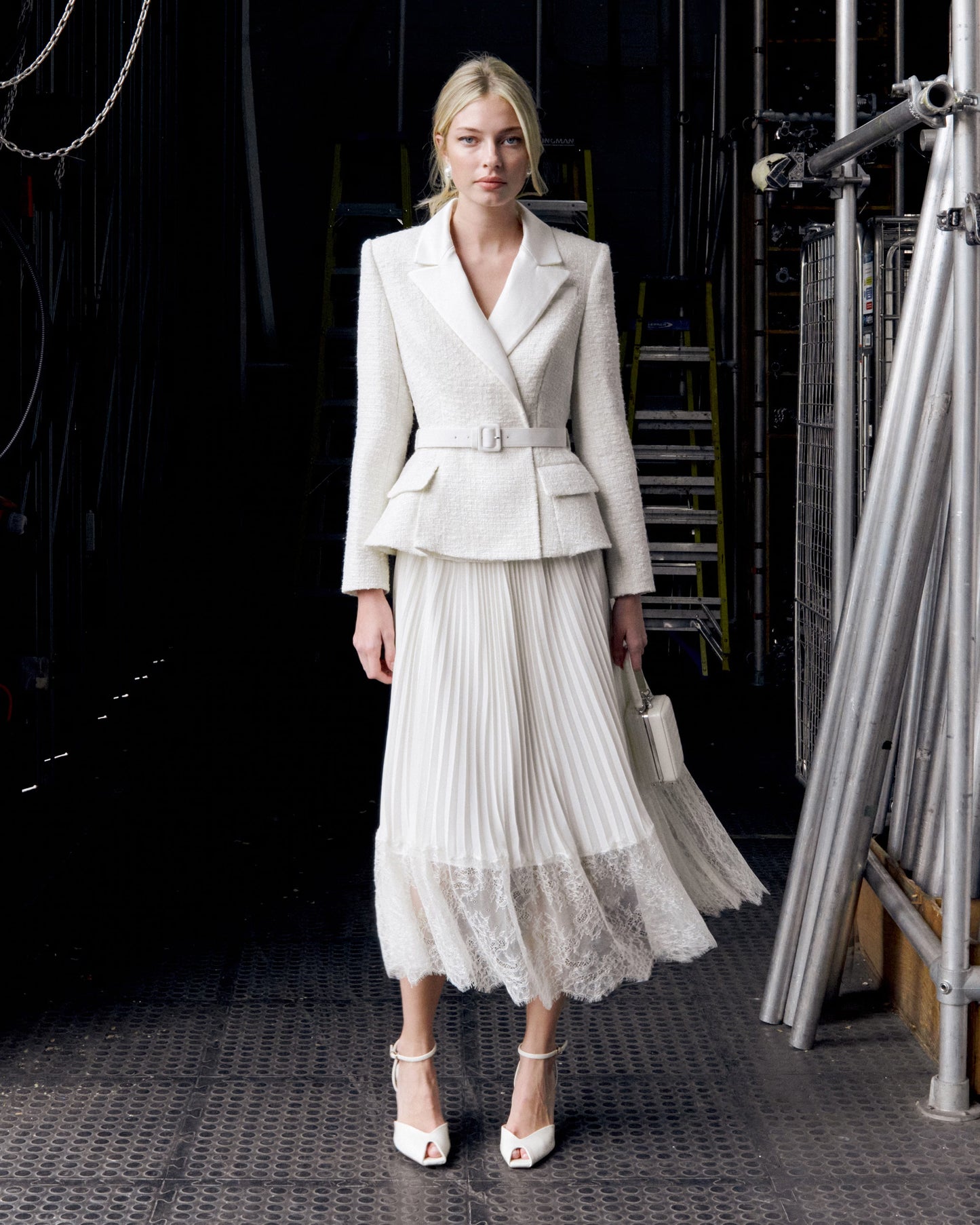 Cream Tailored Bouclé And Chiffon Midi Dress