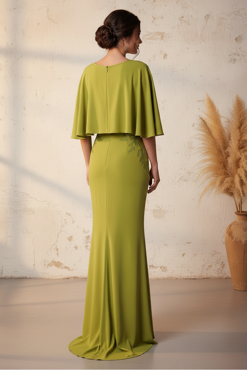 Green V-Neck Shawl Applique Mermaid Mother of the Bride Dress