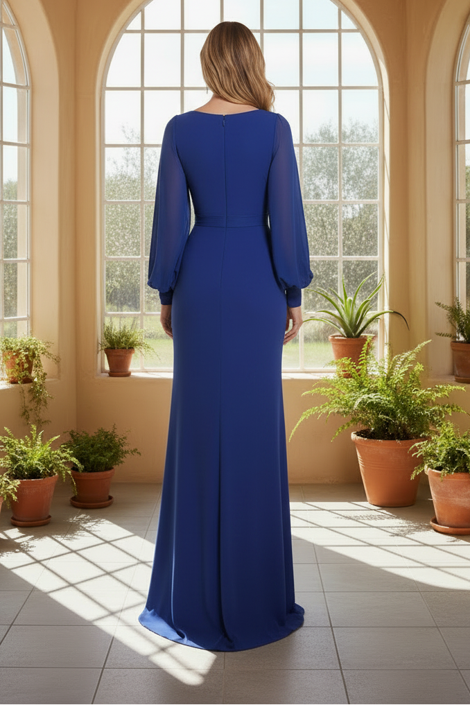 V-Neck Long Sleeve Mermaid Floor-Length Mother of the Bride Dressa