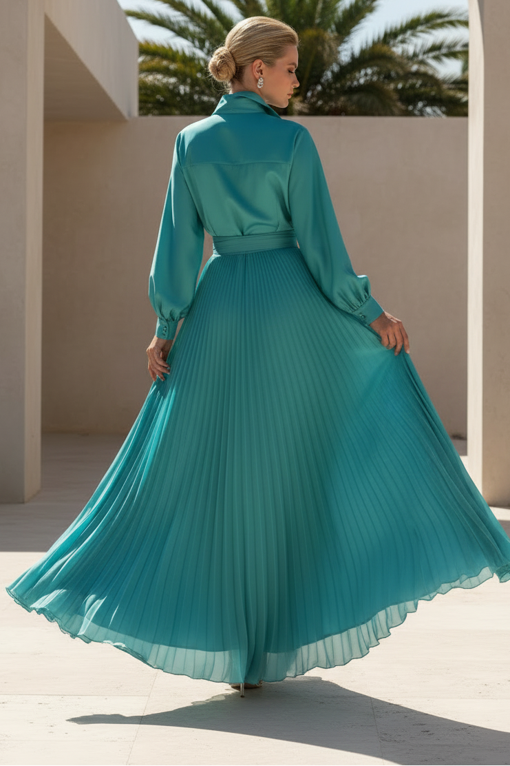V-Neck Belt Long Sleeve A-Line Mother of the Bride Dress